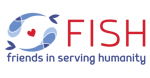 FISH Friends in Serving Humanity logo with two geometric whales and a heart in the center
